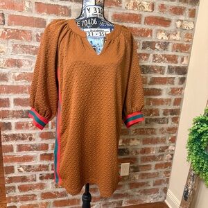 D15 - Entro Brown Textured Mini Dress with Green and Red Accents